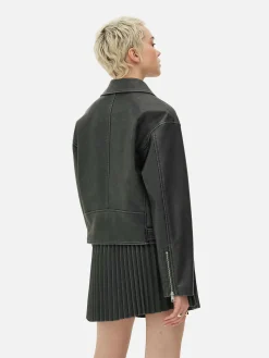 Casaco Estilo Motard Imitação Pele Desgastado