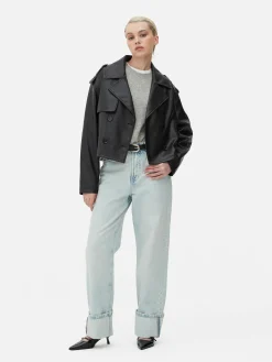 Gabardina Curta Imitação Pele