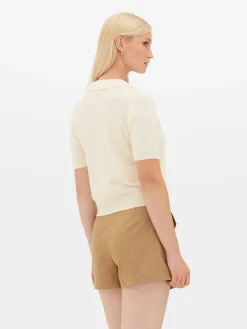 Top Manga Curta Colarinho Malha Fina