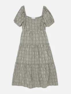 Vestido Midi Camadas Manga Balão Guingão