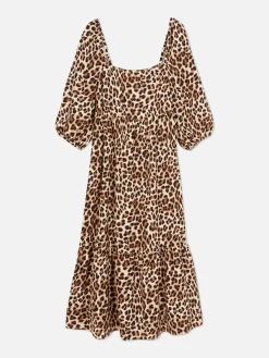 Vestido Midi Decote Quadrado Leopardo