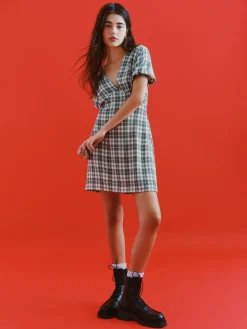 Vestido Mini Decote V Padrão Xadrez